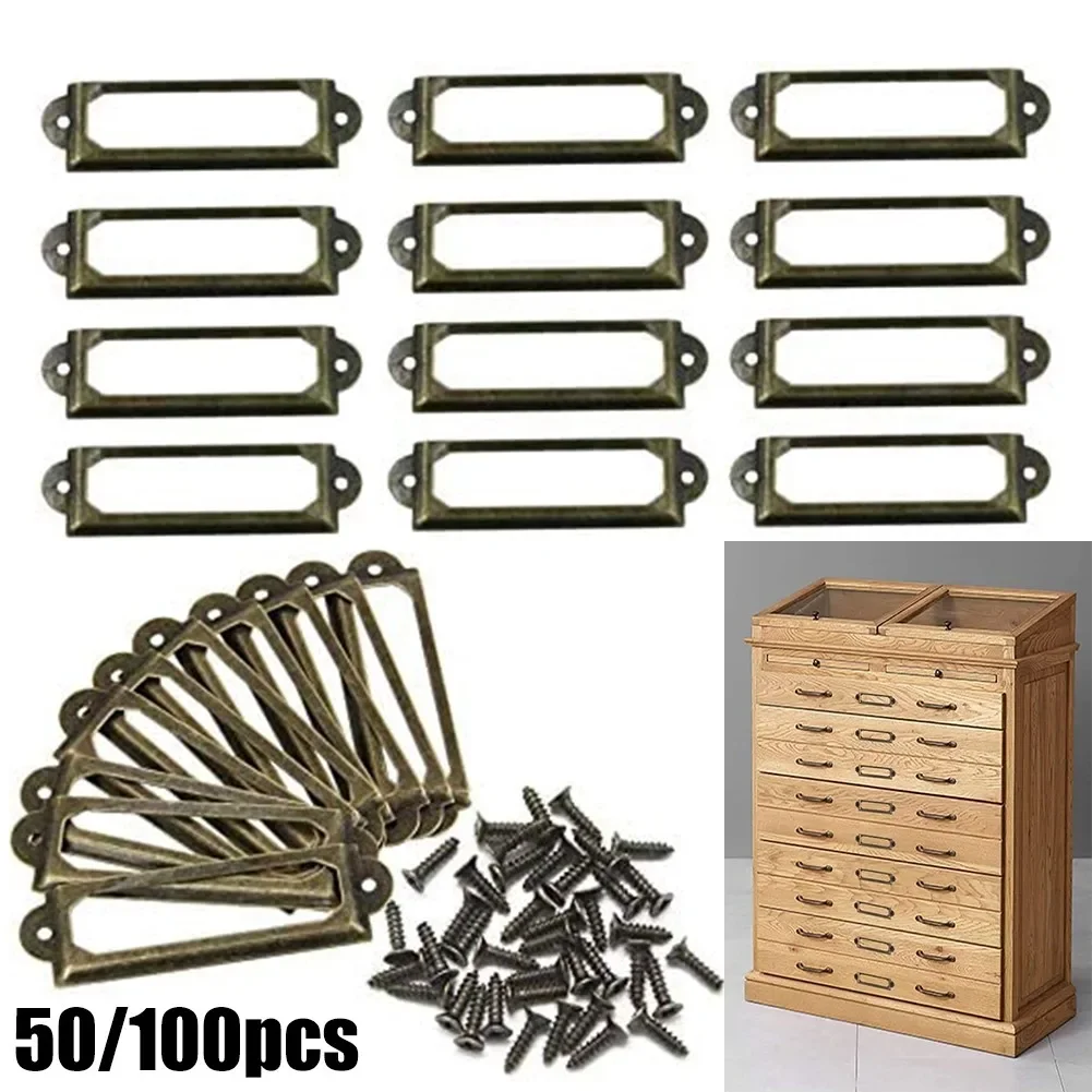 50/100pc Antique Brass Iron Label Pull Frame Handle File Name Card Holder For Furniture Cabinet Drawer Box Case Bin 60mmx18mm