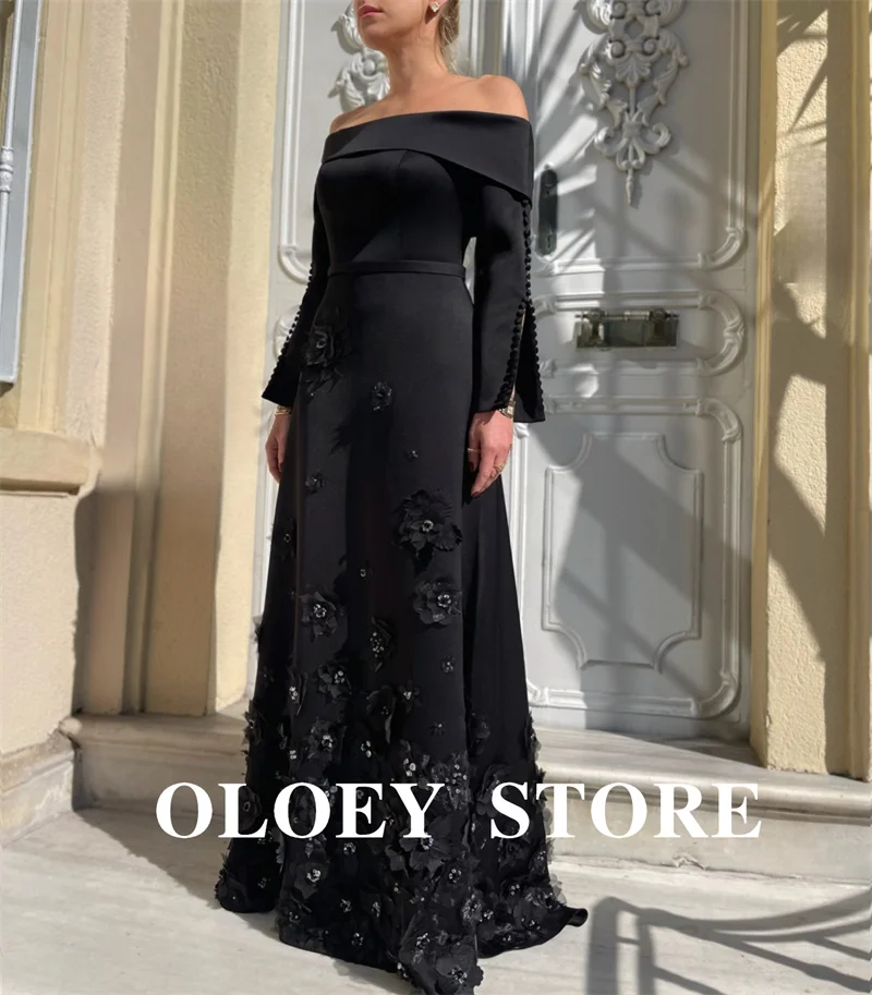 OLOEY Elegant Pink Formal Evening Dresses Off Shoulder Long Sleeves 3D Flowers Dubai Arabic Women Prom Gowns Customized