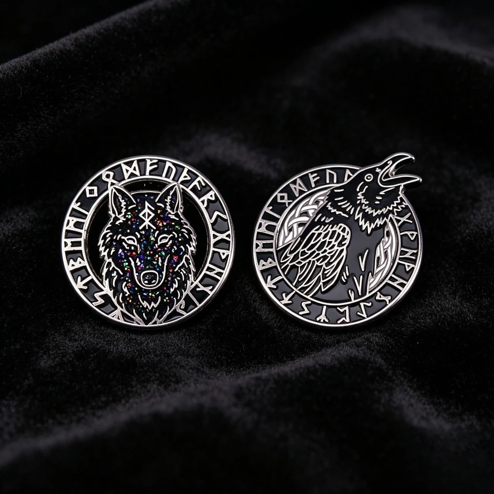 2pcs Norse Viking Raven And Wolf Enamel Pin Set, Odin'S Crow And Fenrir Wolf Brooches with Runes, Celtic Knot Lapel Pins