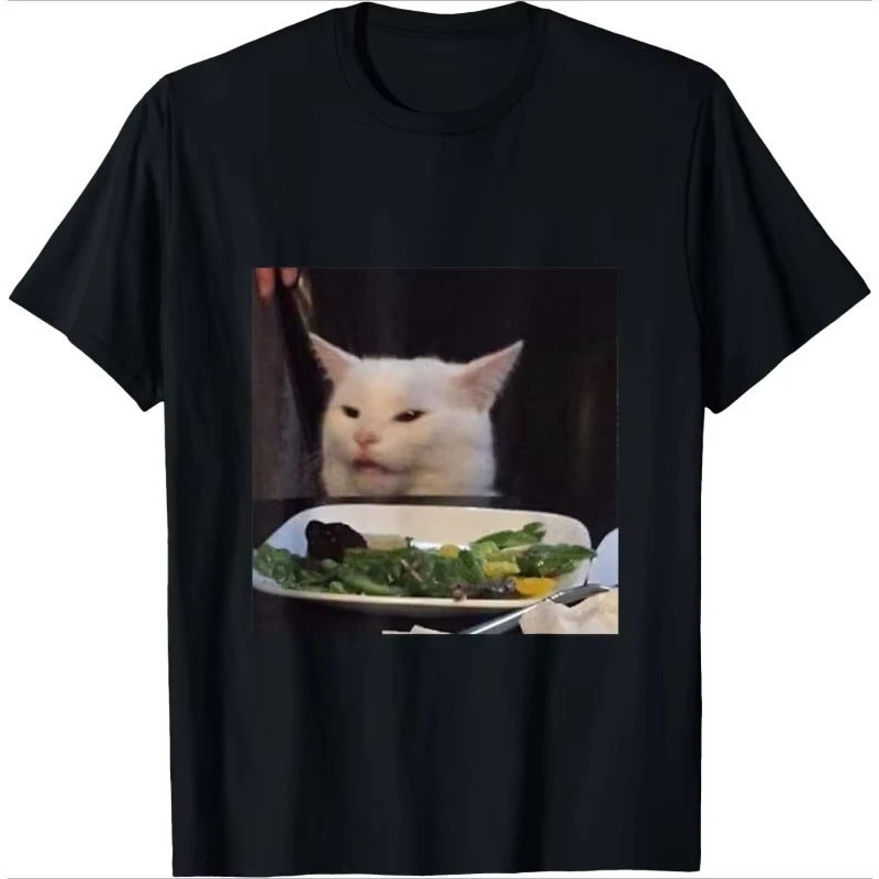 Funny Cat Salad Serious Face Cat Meme Graphic Tee Unisex Crew Neck Short Sleeve Daily Casual Meme Animal Streetwear Tops