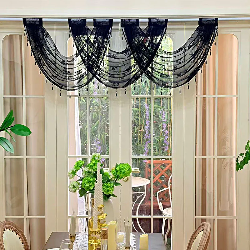 1PC Gothic Luxury Black Single Layer Hollow Mirror Floral Lace Waterfall Swag Valance with Crystal Bead Tassels