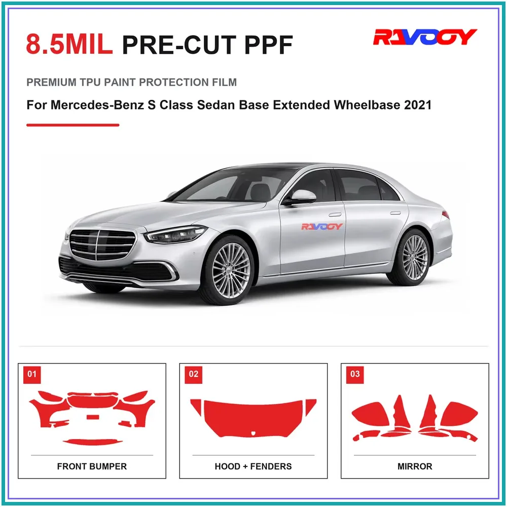 Film de protection de peinture transparent en TPU auto-cicatrisant anti-UV, prédécoupé pour Mercedes-Benz Classe S Berline Base à empattement allongé 2021, 8,5 mil