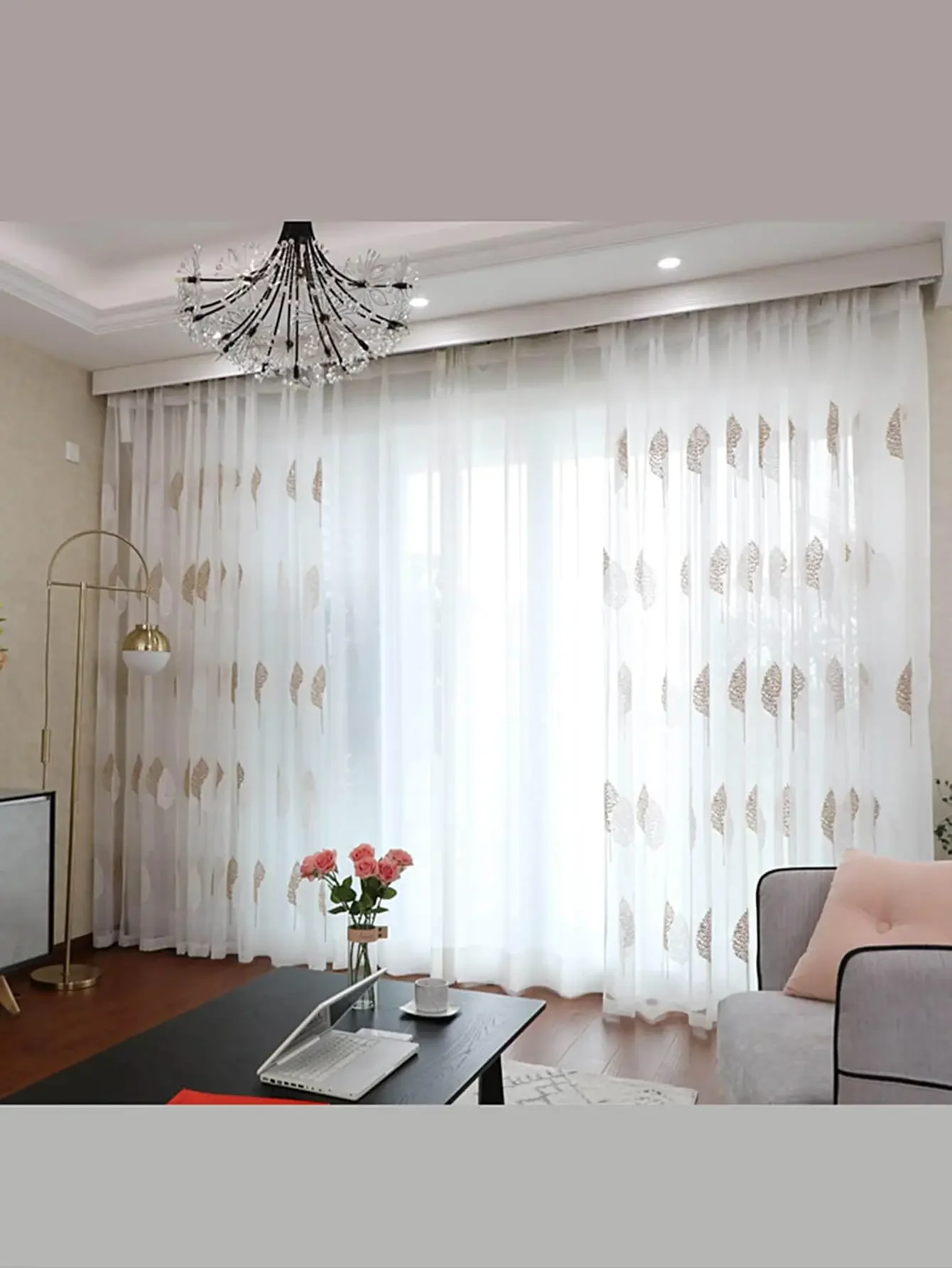 1PC Modern Light Luxury Brown and White Gauze Curtain