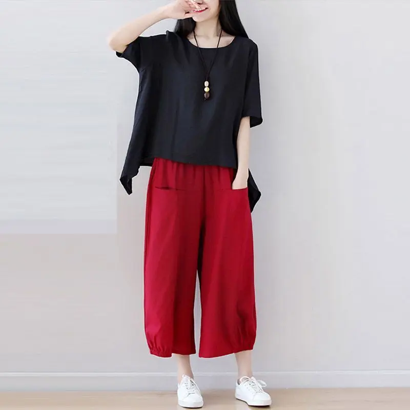 Large Size Summer New Loose Fashionable Casual T-shirt and Wide Leg Pants for Women's Belly Covering Slimming Temperament Set