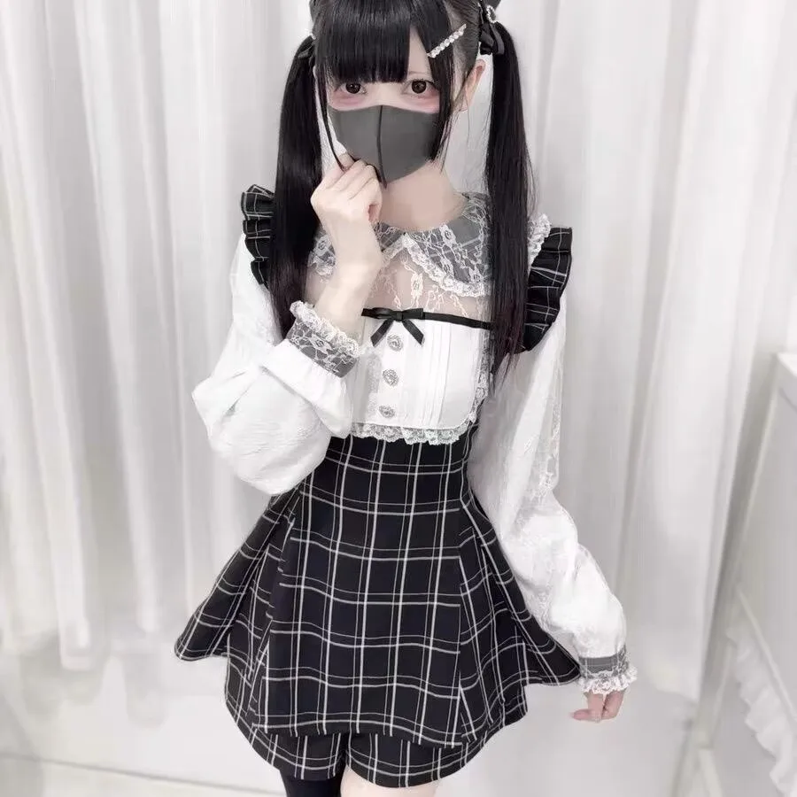 

Japanese Style Gothic Lolita Dress Shorts Set Women Vintage Sweet Lace Long Sleeve Plaid Party Y2k Dress Slim Mini Dress Outfits