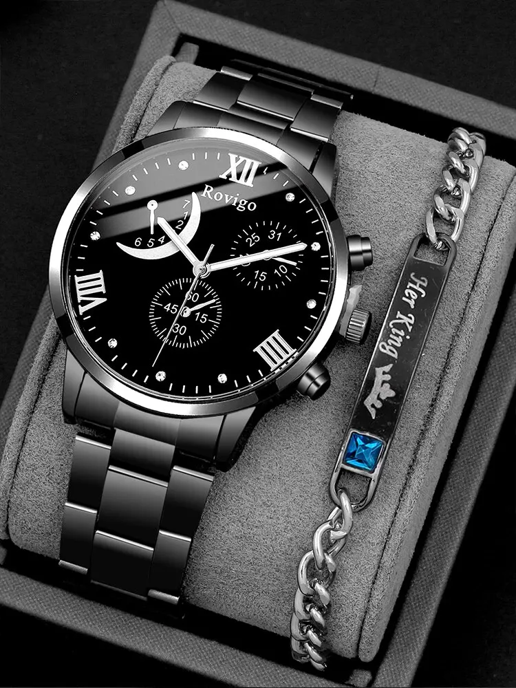 2pcs Fashion Business Gentleman Round Steel Band Men\'s Quartz Watch with Chain Bracelet Set