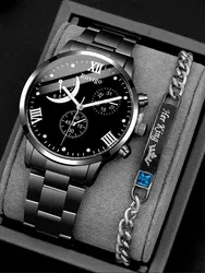 2pcs Fashion Business Gentleman Round Steel Band Men's Quartz Watch with Chain Bracelet Set