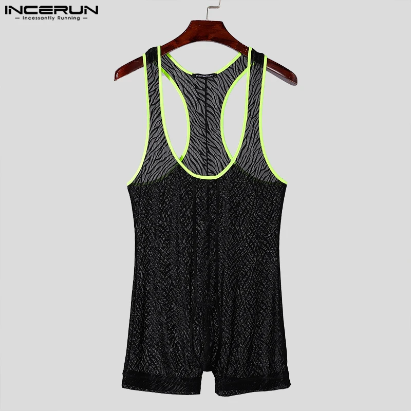 INCERUN 2024 Sexy Style Men Jumpsuits Fashion Line Print Shorts Rompers Casual Sleepwear Flat Cornered Sleeveless Male Bodysuits