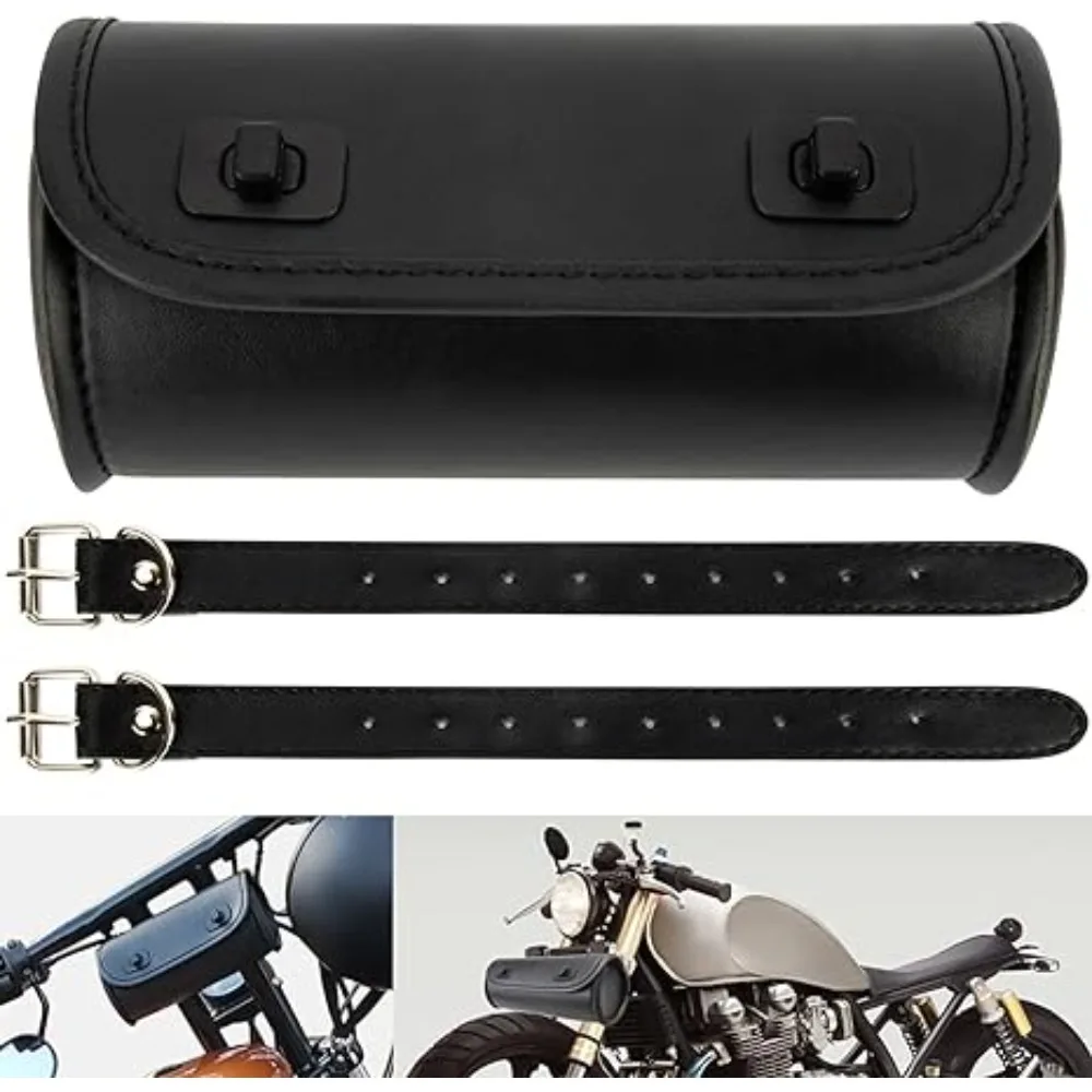 

Motorcycle Universal Fork Bag PU Leather Handlebar Tool Pouch Sissy Bar Roll Storage Bag Saddle Bag with 2 Straps Accessories