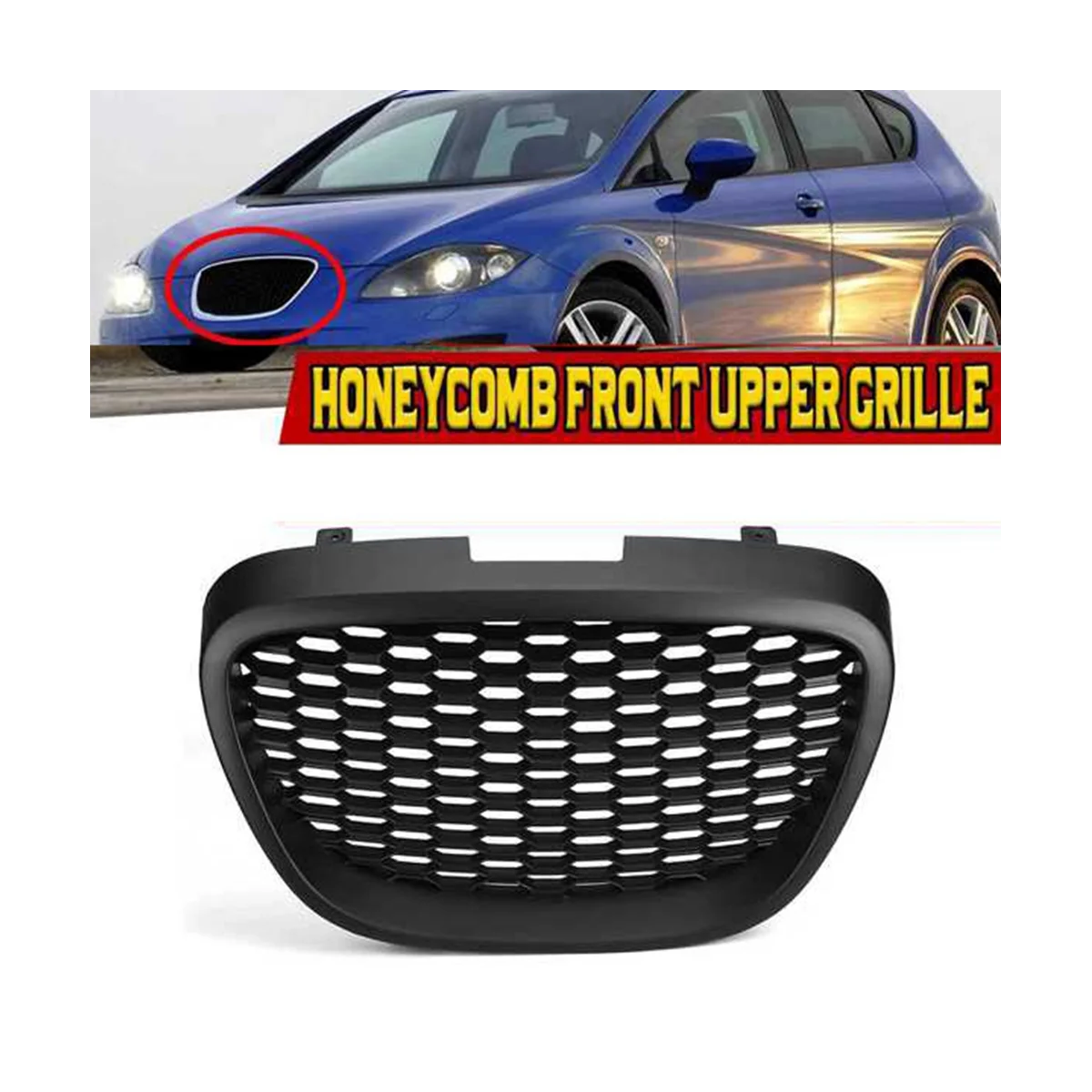 1133007 Car Front Black Honeycomb Grill Mesh Badgeless Sport Racing Grills for Seat Leon 1P MK2 / Altea 5P / Toledo MK3