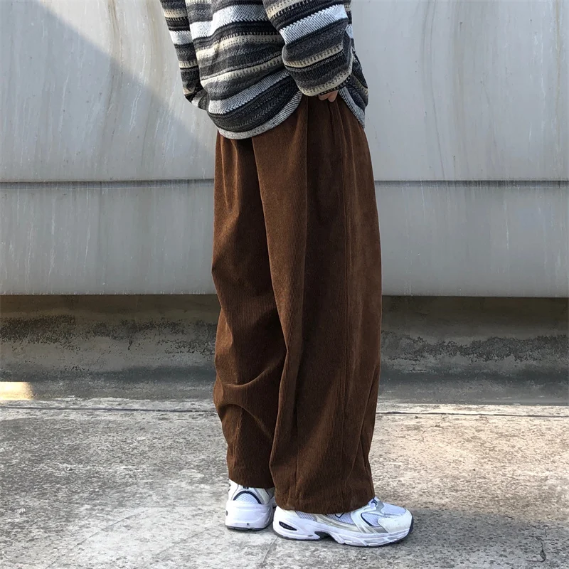 Men Corduroy Loose Pants Japanese Vintage Style Streetwear Male Spring Autumn Drawstring Waist Pants Handsome Straight Pants