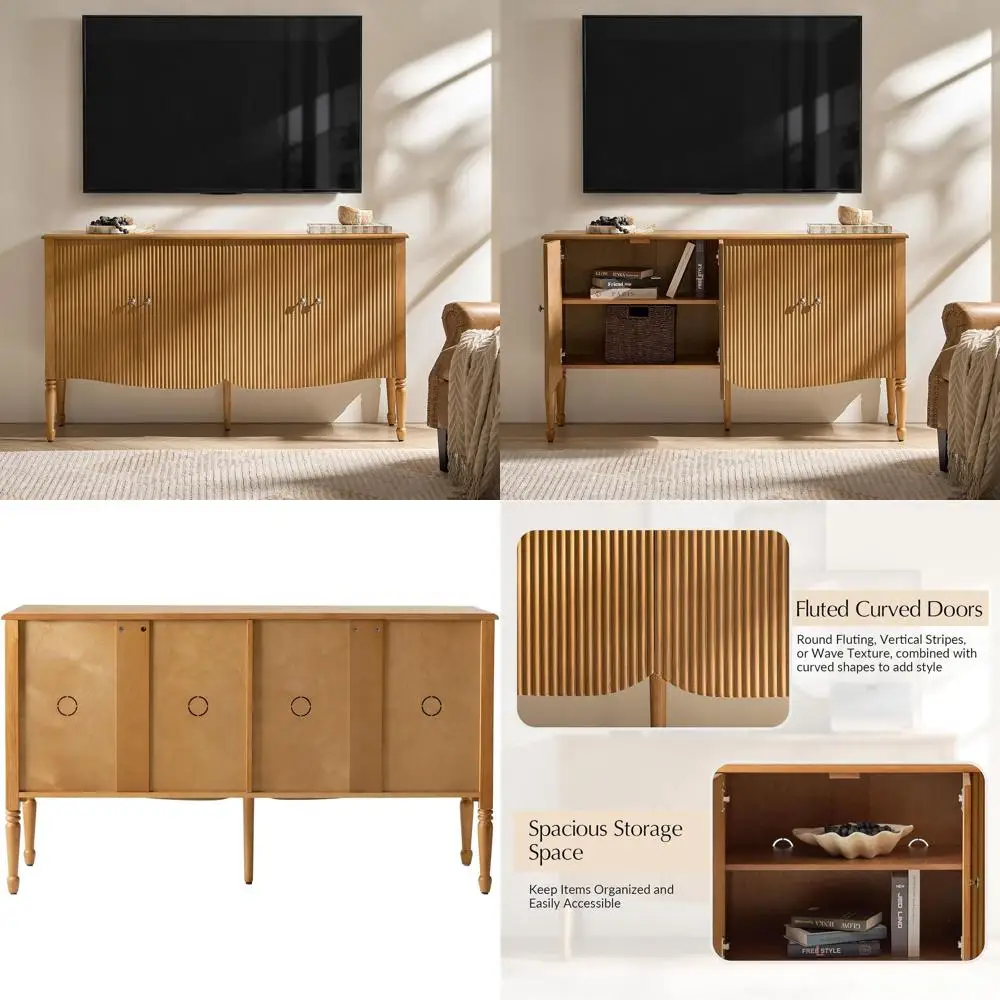 

58" Wide Solid Wood luted Sideboard Cabinet, Storage Buet Cabinet with Adjustable Shelves & 4 Doole Table, Transitional Sideboar