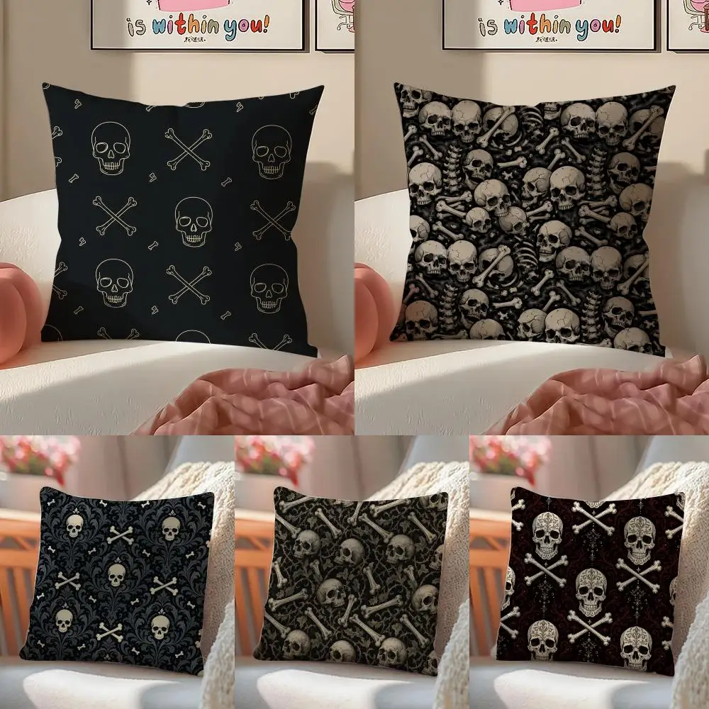 Halloween Skull & Bones Pattern Cushion Cover Pillowcase Short Plush Invisible zipper Room Sofa Cushion Cover