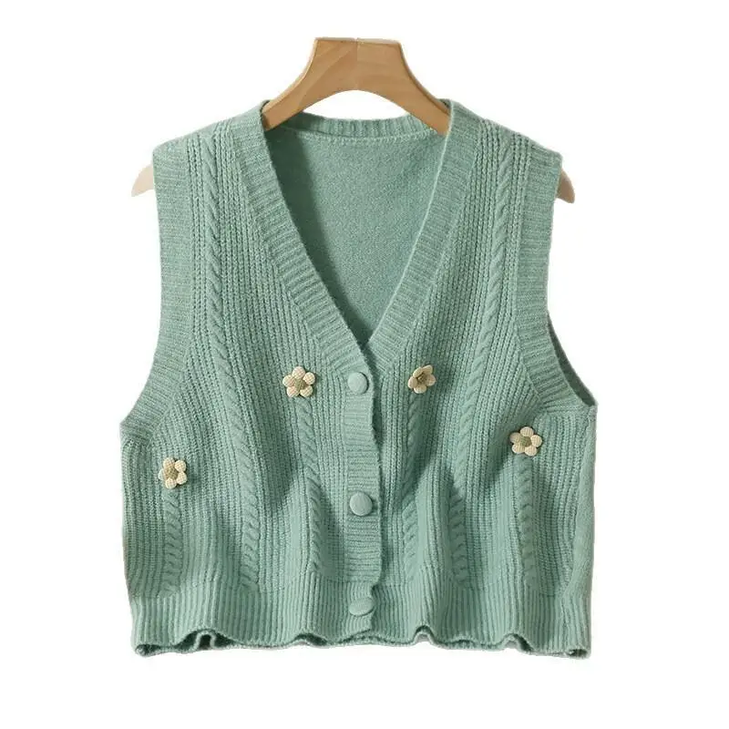 Colete de malha de flor coreana para moda feminina outono e inverno, suéter curto em camadas, colete cardigã versátil doce e fresco