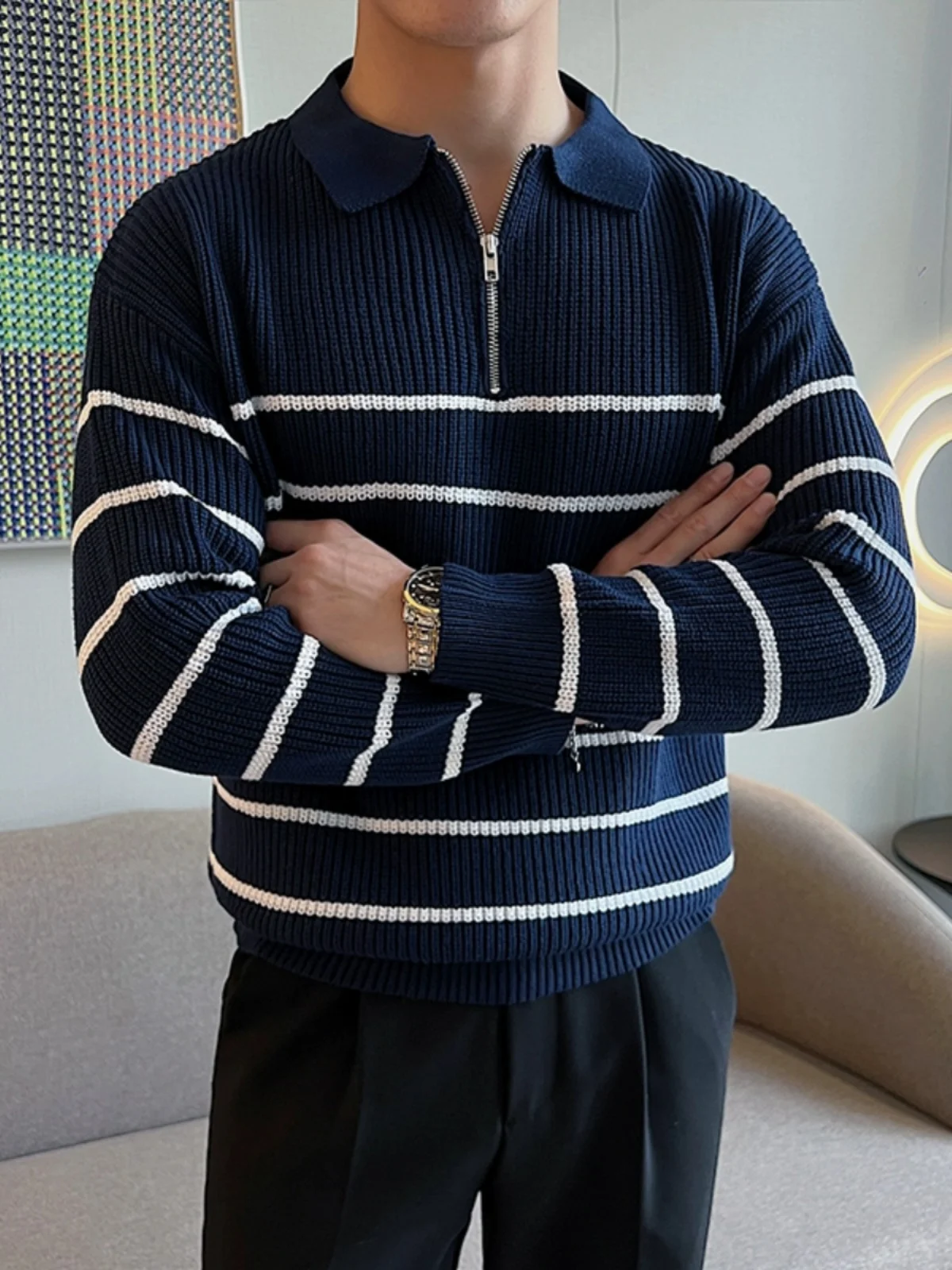 

Мужской свободный вязаный свитер в полоску с узором, осень-зима, новый корейский вариант, модный длинный топ Sve Crew Ne