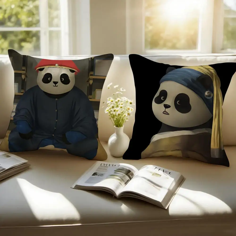 Retro Adorable Cute Panda Cartoon Art Cushion Cover Pillowcase Anti-dustmite Invisible Zipper Short Plush Sofa Cushion
