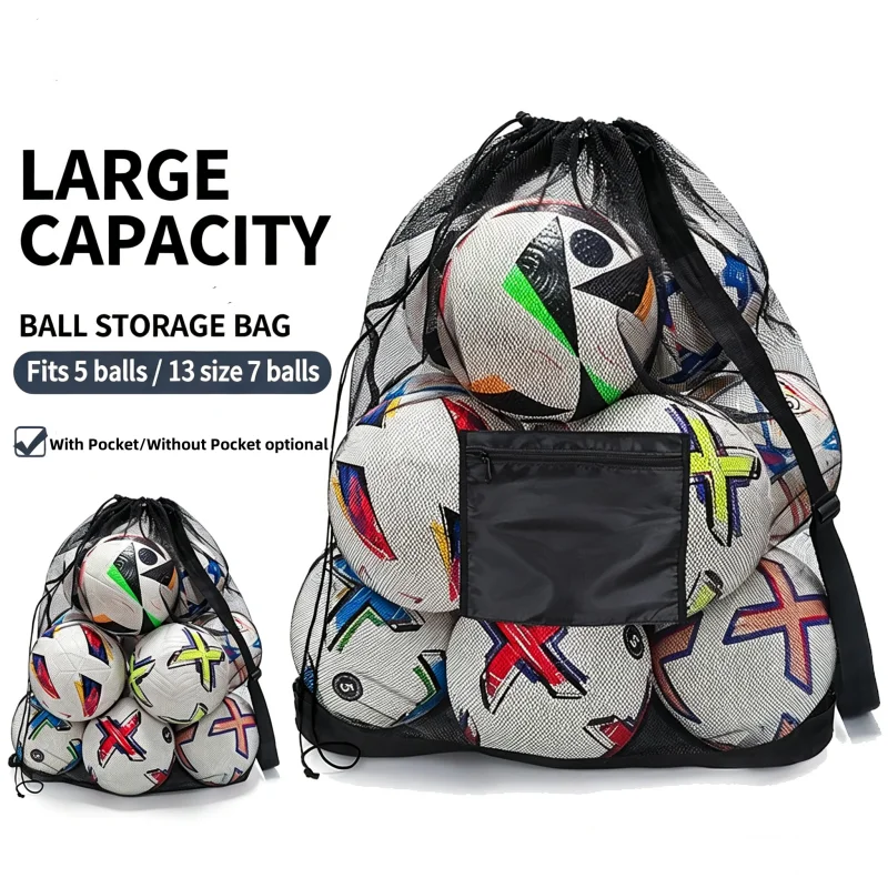 Fordable Large Capacity Mesh Ball Bag Soccer Basketball Drawstring Storage Bag Packback Pocuch Sports Team Training Shoulder Bag