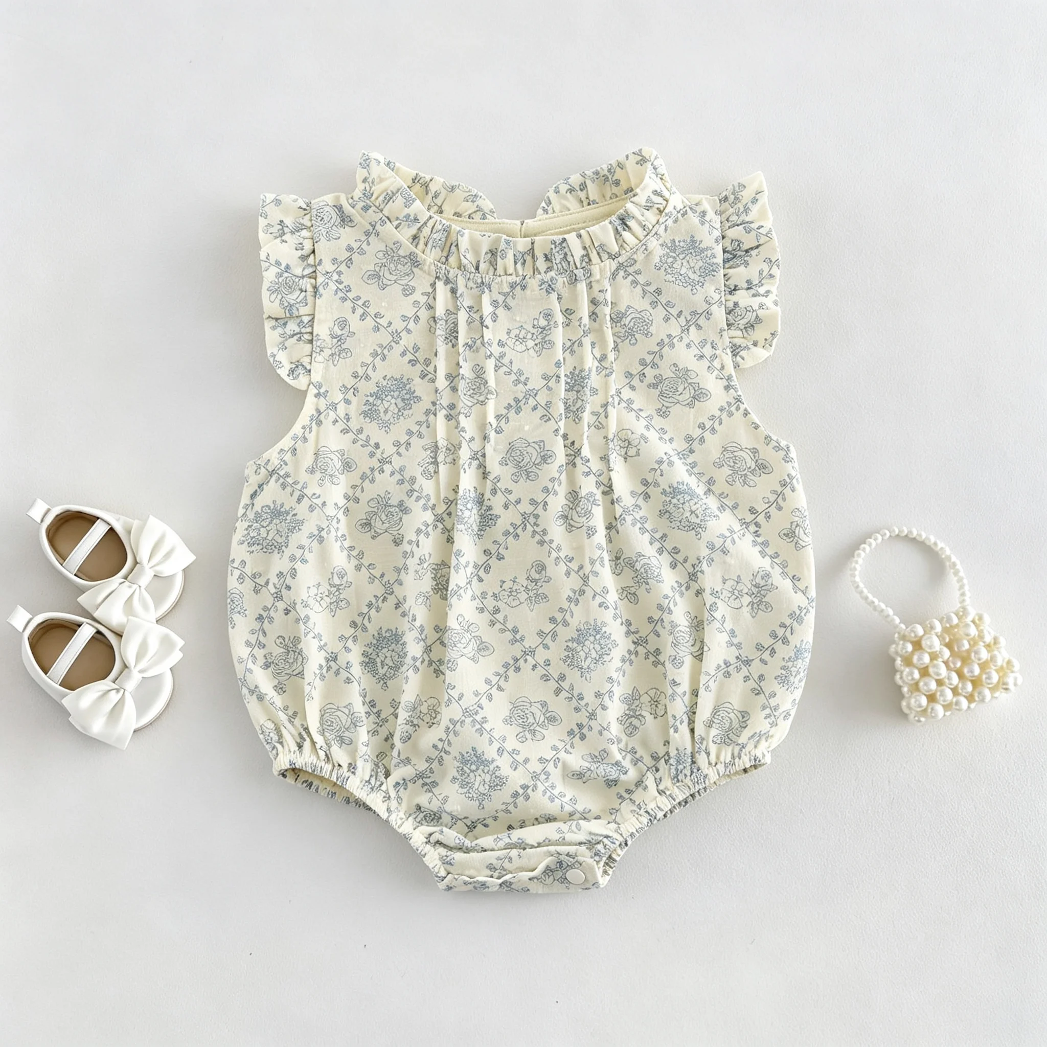 Summer New Style Baby One-Piece Dress for Girls, Trendy Lace Floral Princess Romper with Ruffled Trim