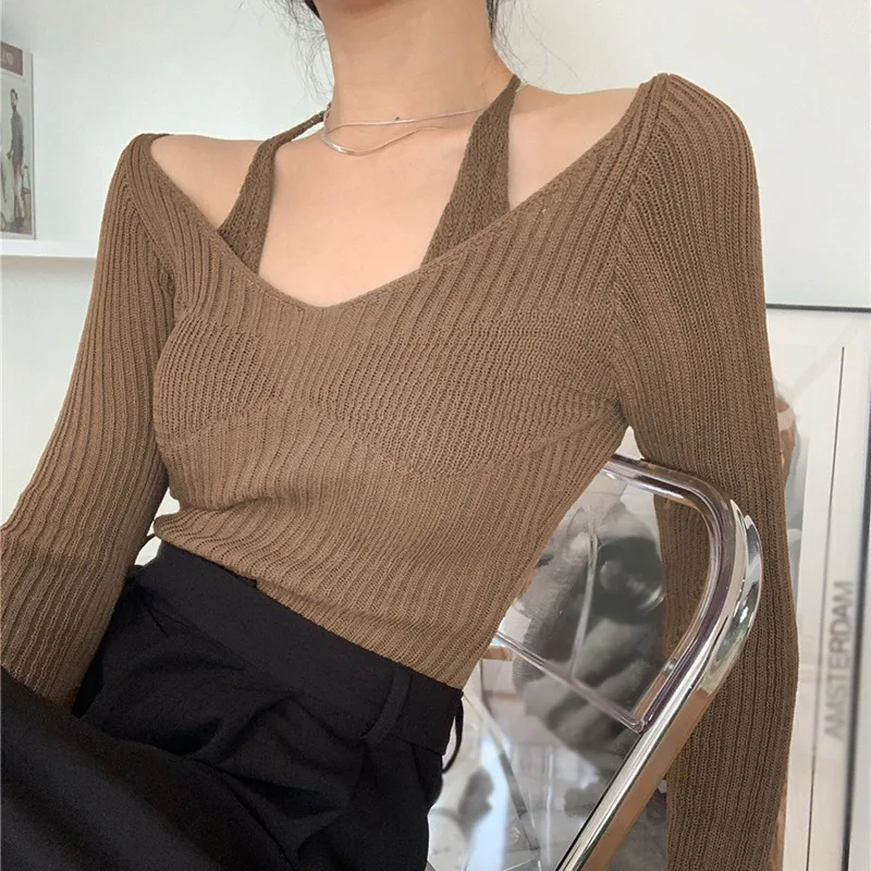 Womens Knit Sweater Long Sleeve Off Shoulder Halter Tops Sexy Pullover Casual Loose Blouse Jumper Sweaters