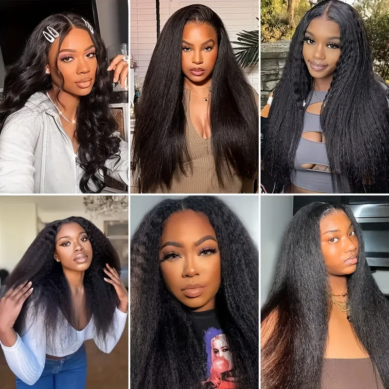 Kinky Straight V Part Wig Glueless Human Hair Wig for Women Natural Black Color No Leave Out Yaki Straight Hair Wig 250% Density image 6