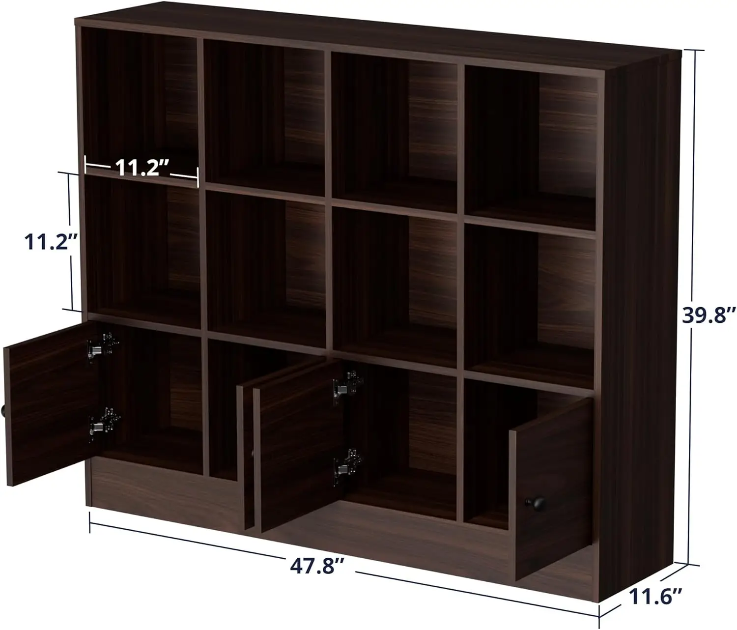 Cozy Castle Brown Wood Bookcase, 12 Cube Storage Organizer Shelf with 4 Doors, Versatile Storage Cabinet with Anti-Tilt Device