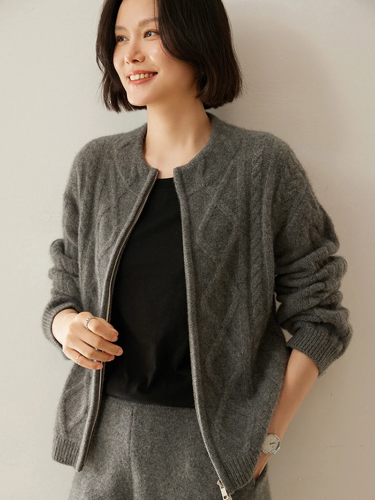 

New Women 100% Cashmere Sweater O-neck Cable Knit Zipper Cardigan Preppy Style Autumn Winter Cashmere Knitwear Thick Soft Tops