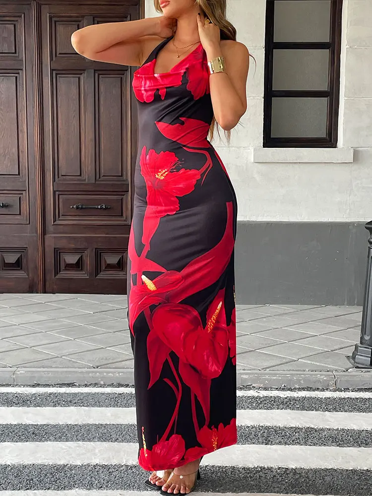 Women's Maxi Dresses Summer New Streetwear Fashion Lace-up Knitted Dress Red Sexy Female Print Backless Low Chest V-Neck Dresses