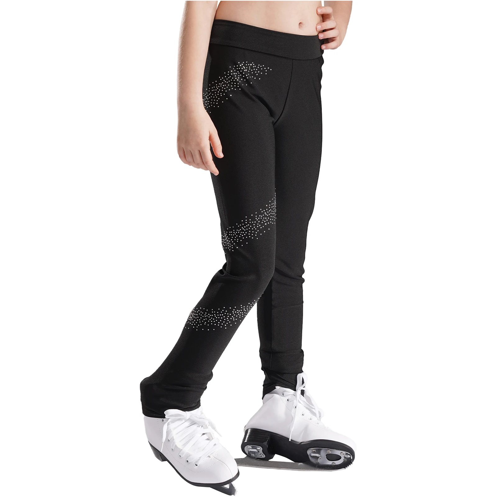 Kids Girls Figure Skating Pants Shiny Rhinestones Roller Ice Skating Trousers Competition Training Pants Leggings Tights