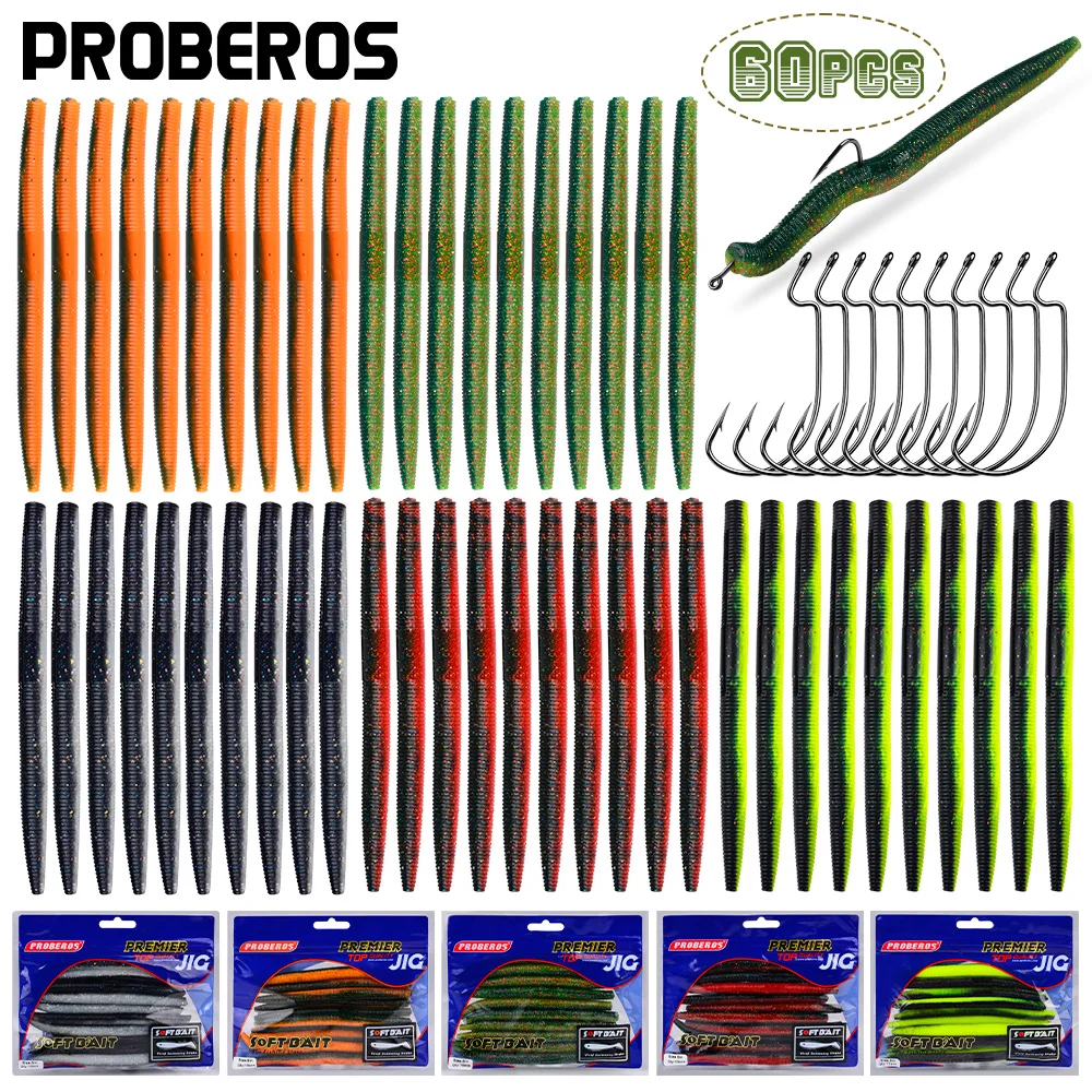 

60 pieces of Proberos freshwater and seawater soft fishing worm bait - multi-color bait for trout/perch fishing