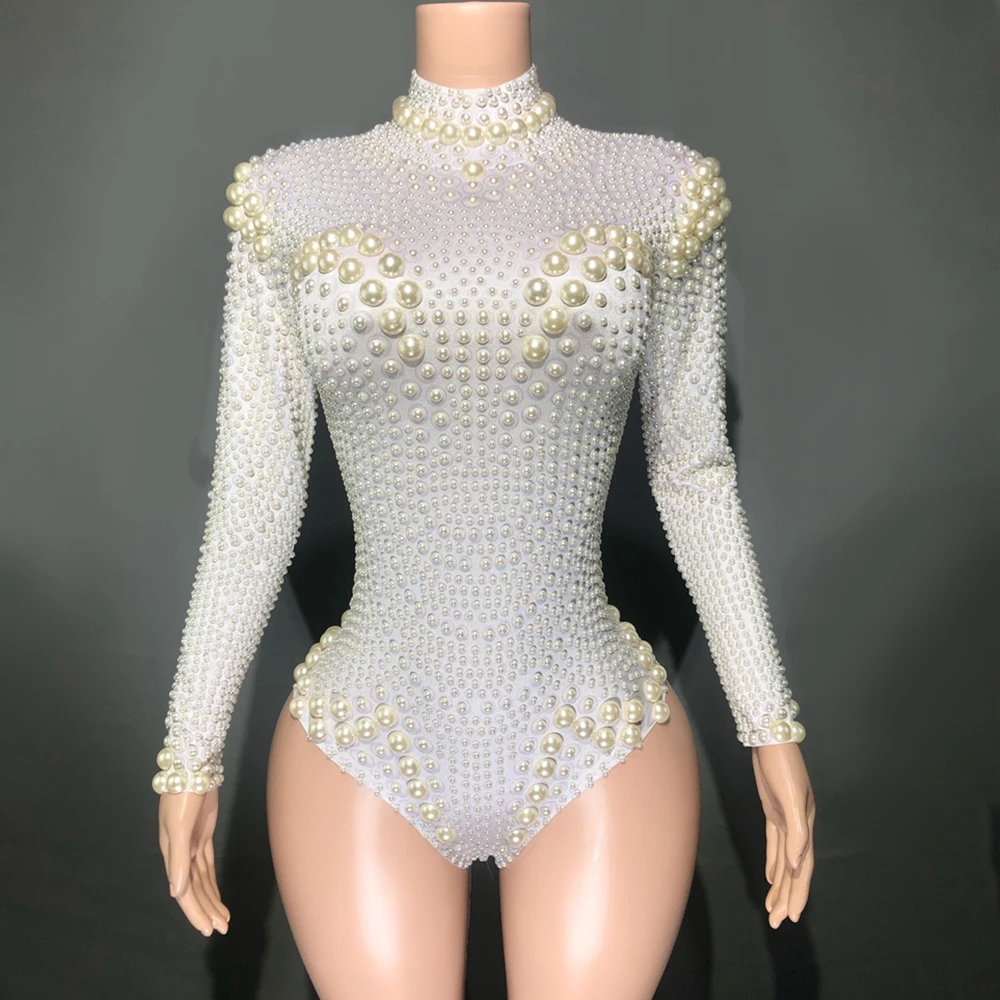 Collant sexy com pérolas brancas, bodysuit manga comprida, roupa de dança boate, cantora dançarina, desgaste do palco, traje show desempenho