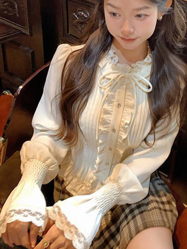 Chemisiers Lolita vintage pour femmes, chemises bandage à volants en dentelle douce japonaise, mode coréenne féminine, Fairycore, manches bouffantes minces, Y-