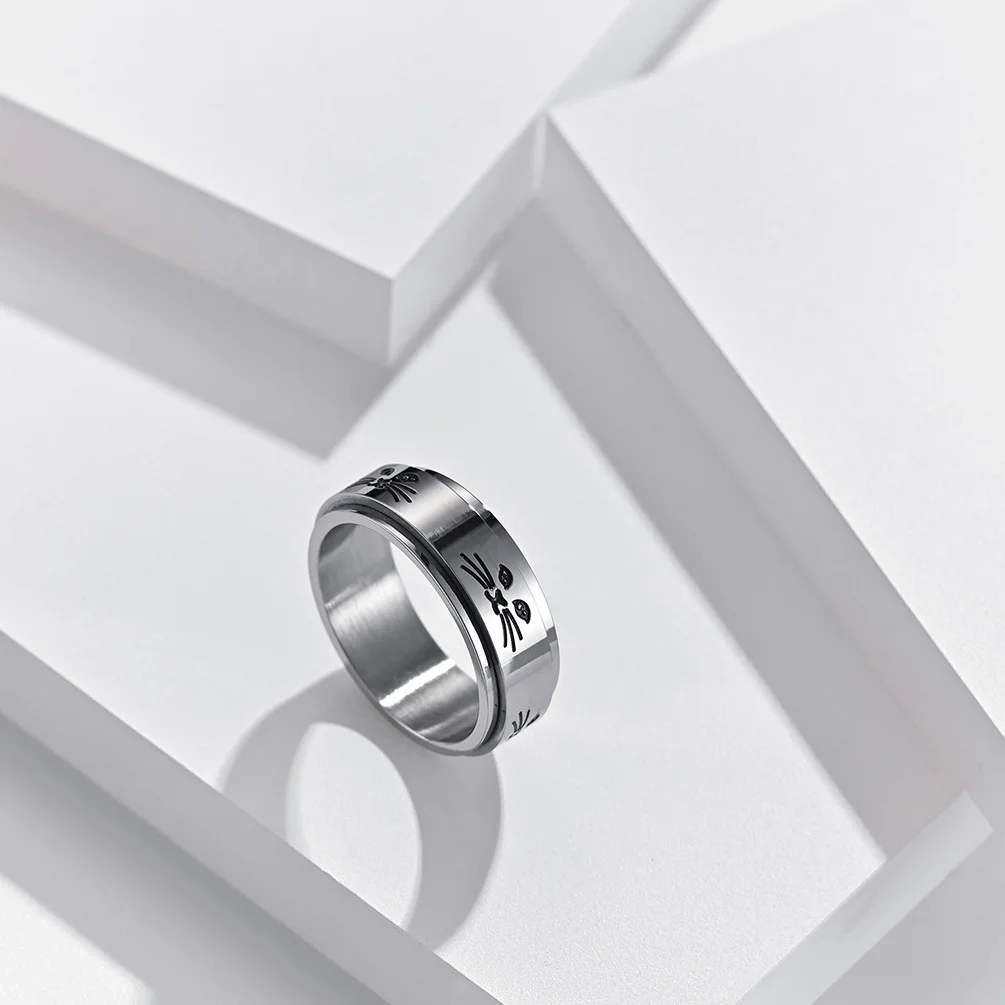 Hollow out cat Animal Stainless Steel Anti Stress Ring For Girl Anxiety Relief Spinning Knuckle Ring Fidget Metal Spinner Anillo