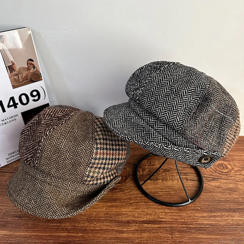 New British Retro Plaid Folded Men Octagonal Newsboy Cap Autumn and Winter Woolen Warm Painter Hat Casual Versatile Beret Women