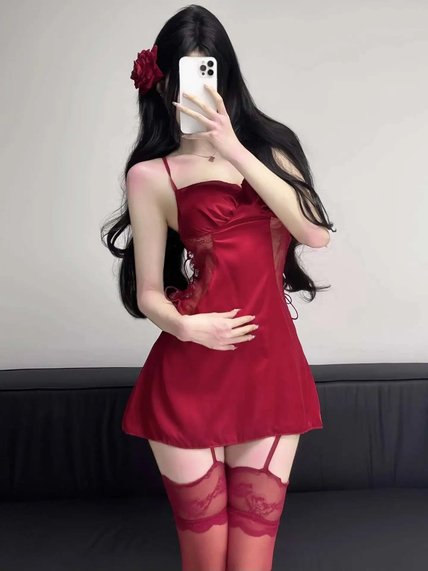 ใหม่เซ็กซี่ 2025 สแควร์คอBackless Lace Splicing Sheerชุดสลิงผู้หญิงCinchingเอวSlim A-Lineชุดลําลองสั้นW8W1