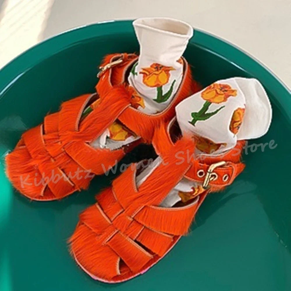 

Furry Ankle Strap Rome Sandals Round Toe Flat With Hollow Solid Color Fashion Elegant Sexy Concise Novelty Party Women Shoes New