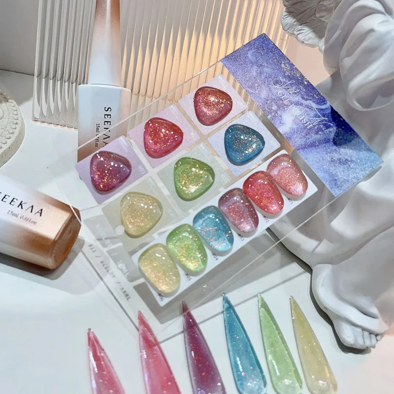 Nuevo Juego de 6 colores de Gel de discoteca reflectante, 15ml, Soak Off UV LED, Gel de uñas superbrillante, barnices de Gel con brillo semipermanente