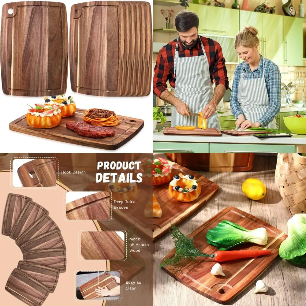 

Acacia Wood Cutting Board 14x10 - Reversible Kitchen Chopping Board, Charcuterie Serving Tray, Butcher Block for Durability and