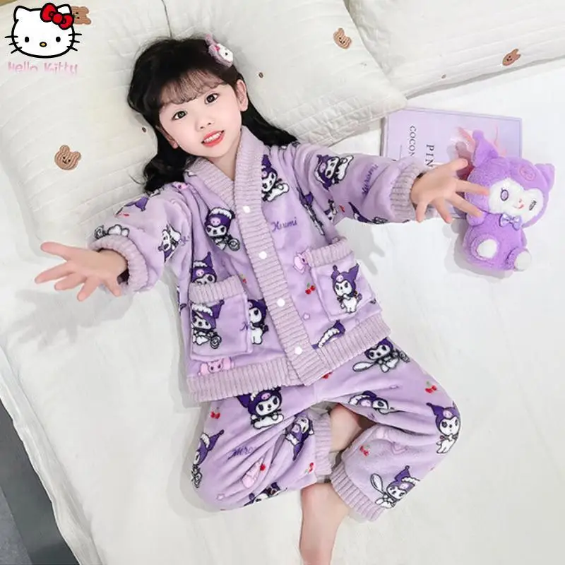 ملابس الفتيات كورومي الكرتون الدافئة منامة مجموعة أنيمي جديد Kawaii الخريف الشتاء طالب سانريو سترة سميكة ملابس المنزل الحلو