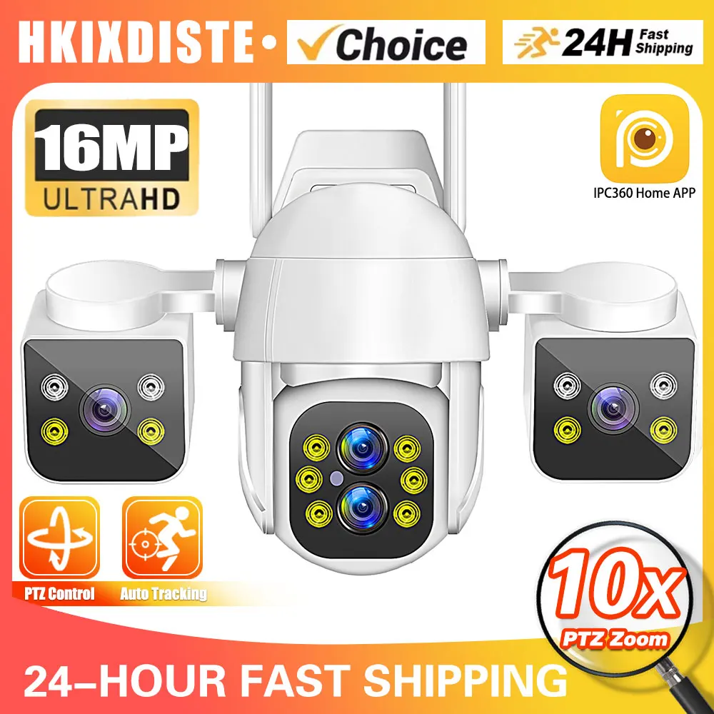 10X PTZ Zoom 16MP Multi Lens New WiFi Rotatable Outdoor Three Split Screen Home CCTV camera Adjustable Lens Ip security Cameras