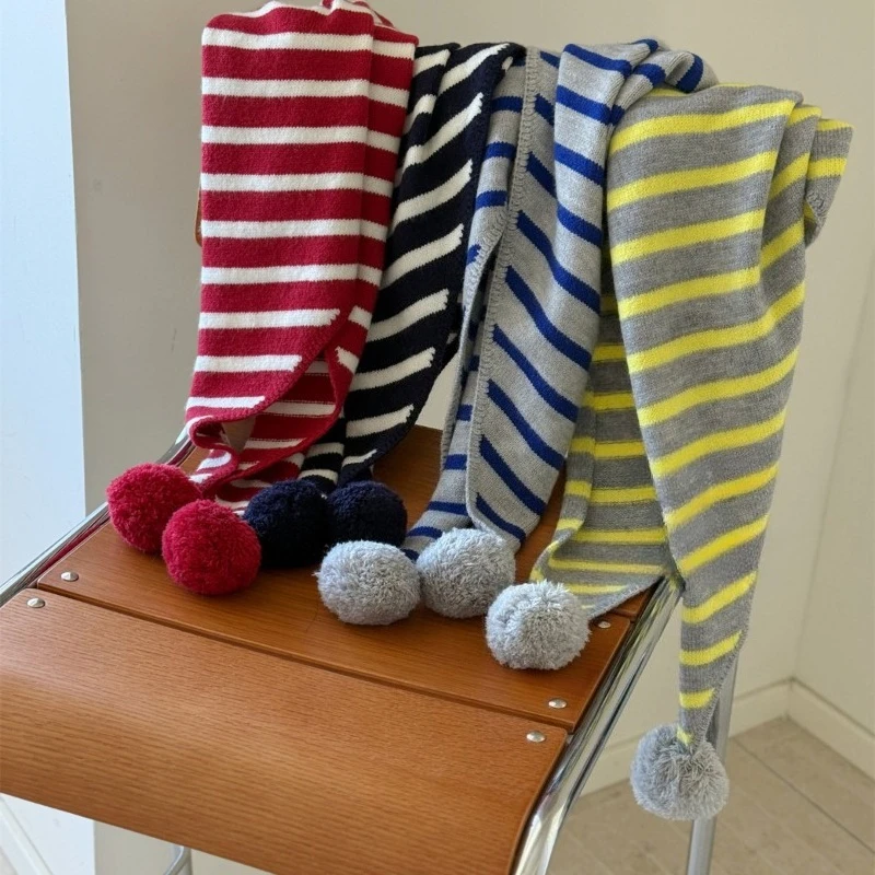 

Retro Striped Knitted Triangular Scarf Pom Poms Korean Version Stylish Warm Scarves Women Fashion Accessory Muffler Fall Winter