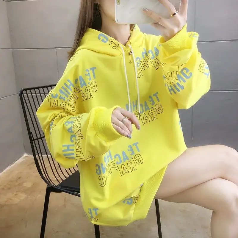 

Cotton Spring and Autumn Letter Printing Female Top Text Women's Hooded Sweatshirts E Coat 90s Vintage Youthful Clothes Hoodies