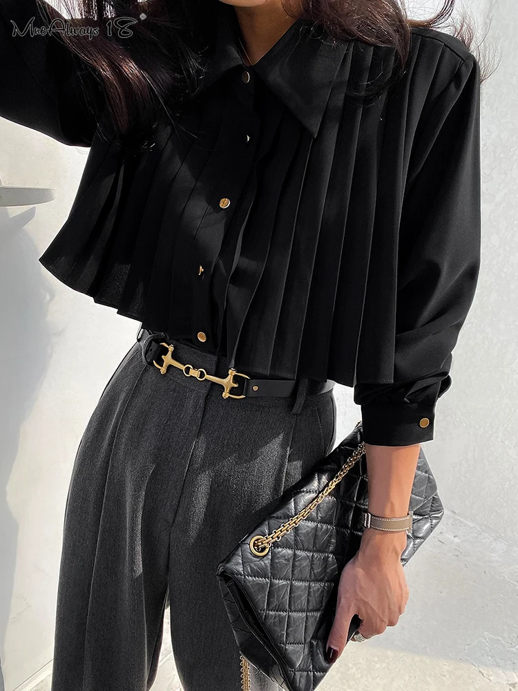 Mnealways18 Elegant Pleated Chiffon Shirts For Women Turn Down Collar White Classic Blouses And Tops Autumn Winter Black 2024