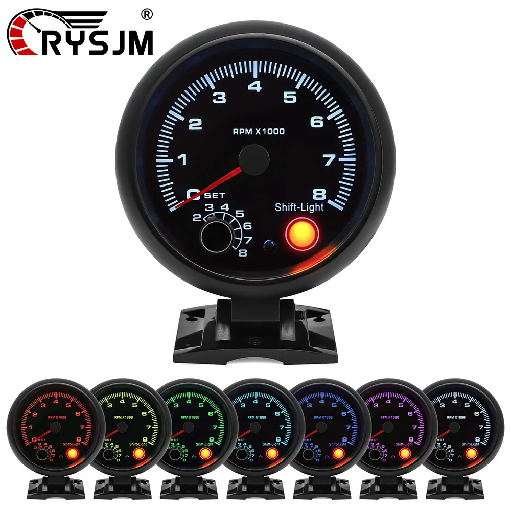 

7 Color Backlight Car 12V Gauge 0-8000 RPM Tachometer Inter Tachometer for Petrol 4 6 8 Cylinder Car With RPM alarm Shift Light
