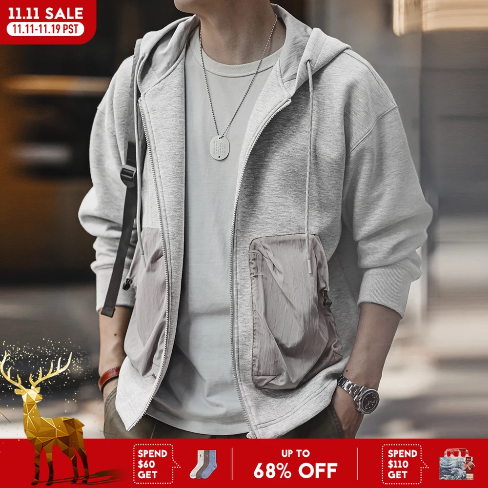 

Maden Casual Patchwork Pocket Hooded Zip-up Sweatshirt Jacket Gray Versatile Outerwear for Men's Autumn and Winter Sports Coat
