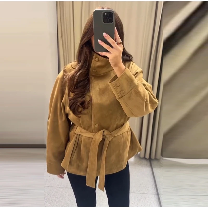 Damen Herbst Winter Hochkragen Wildlederjacke Einfarbig Einreihig Langarm Gürtel Tailliert Lockerer Mantel Lässige Mode Streetwear – Detail 6