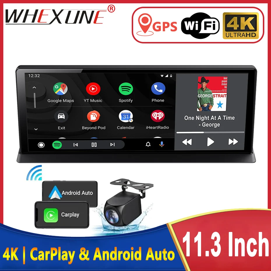 11.3 inch Car DVR 4K Dash Cam Dual Lens Wireless Carplay & Android Auto Video Recorder Monitor GPS Navigation 5G Wifi FM AUX