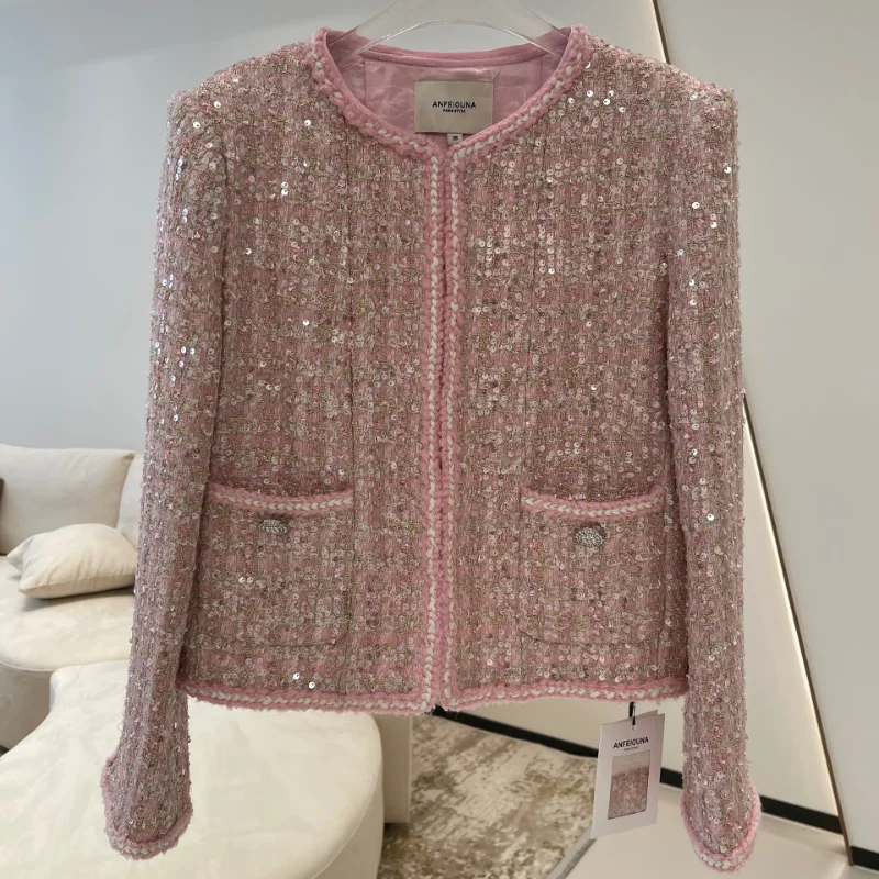 

Pink Shiny French Small Fragrance Lady Coat Sequined O Neck Long Sleeve High Quality Sweet Casual Loose Chic Tweed Women's Coat