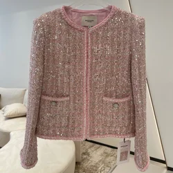 Pink Shiny French Small Fragrance Lady Coat Sequined O Neck Long Sleeve High Quality Sweet Casual Loose Chic Tweed Women's Coat