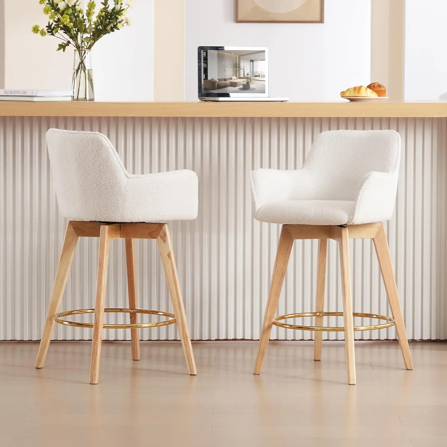 Bar Stools Set of 2, Modern Counter Stools with Backrest and Wooden Legs, Boucle Upholstered Counter Height Bar Stools