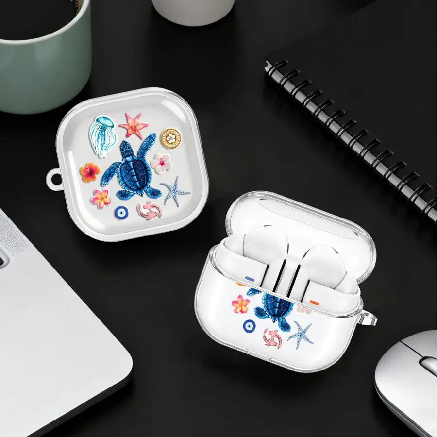 Pastel Ocean Turtle Stickers Case For Samsung Galaxy Buds 3Pro 4Pro 3 FE 2Pro 4 Pro 2 Live Clear Earphone Cases Cover With Hook